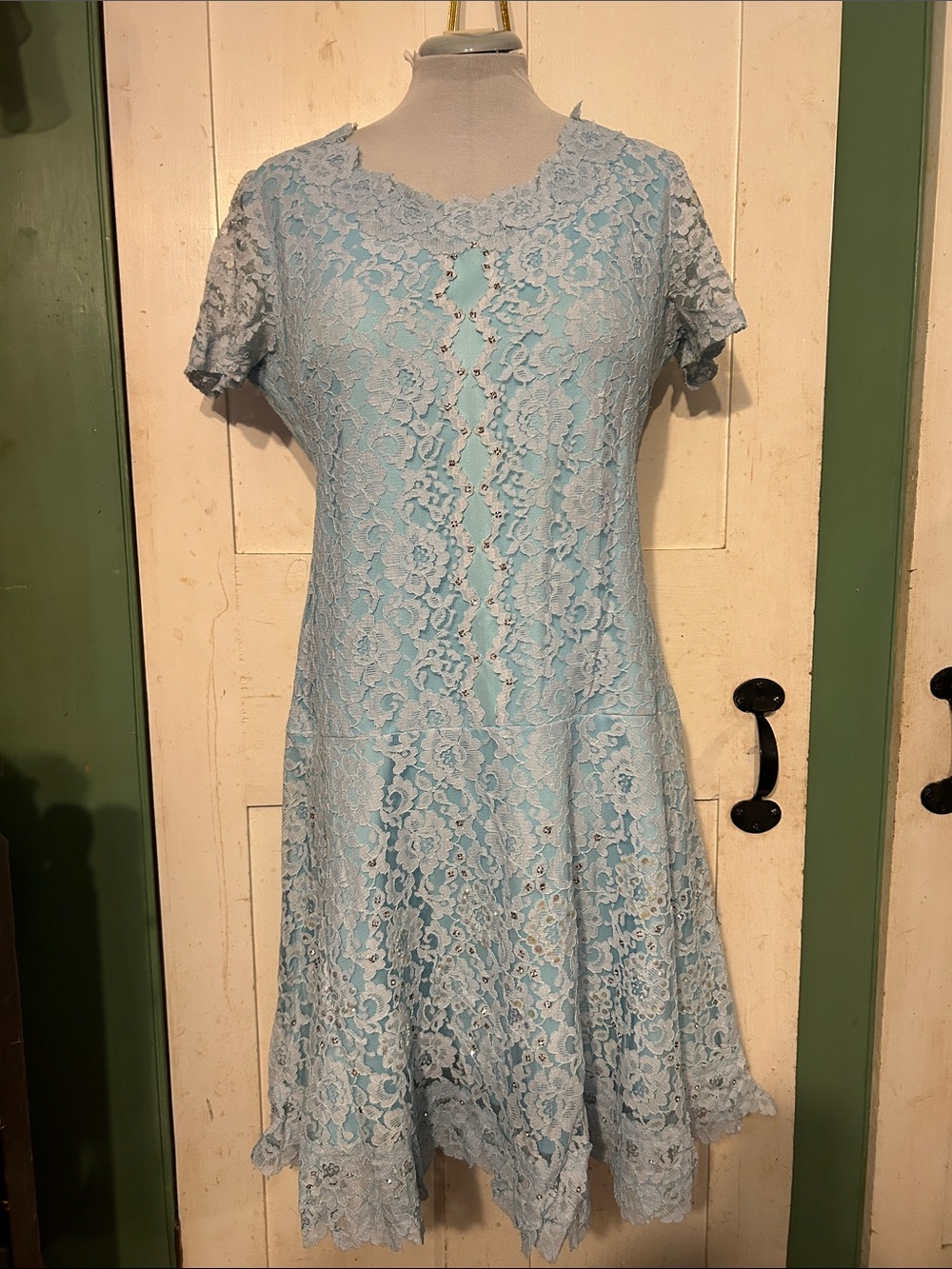 OOAK Hand Made Party Dress Lace Over Satin + Rhinestone Stud Trim Drop Waist 90s